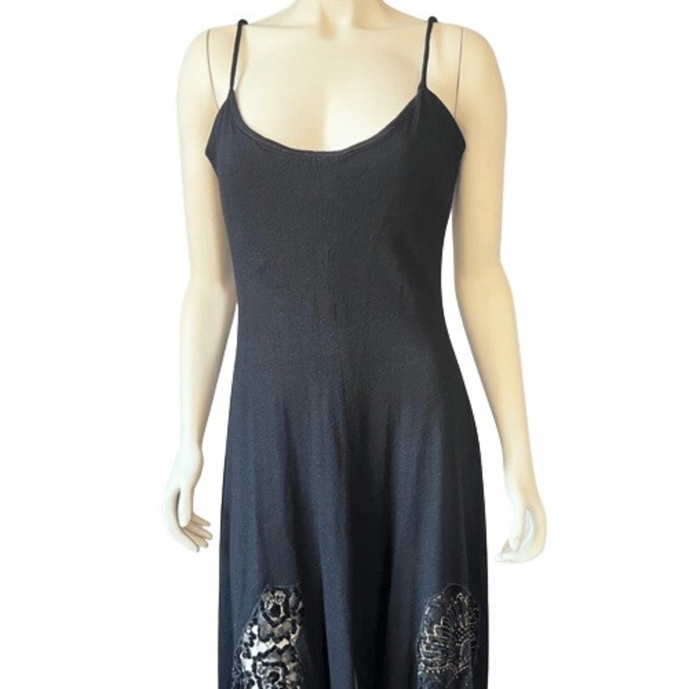 Vintage Yoly Munoz Size 10 Maxi Slip Dress Flowy Lace Beaded Sheer Elegant Black